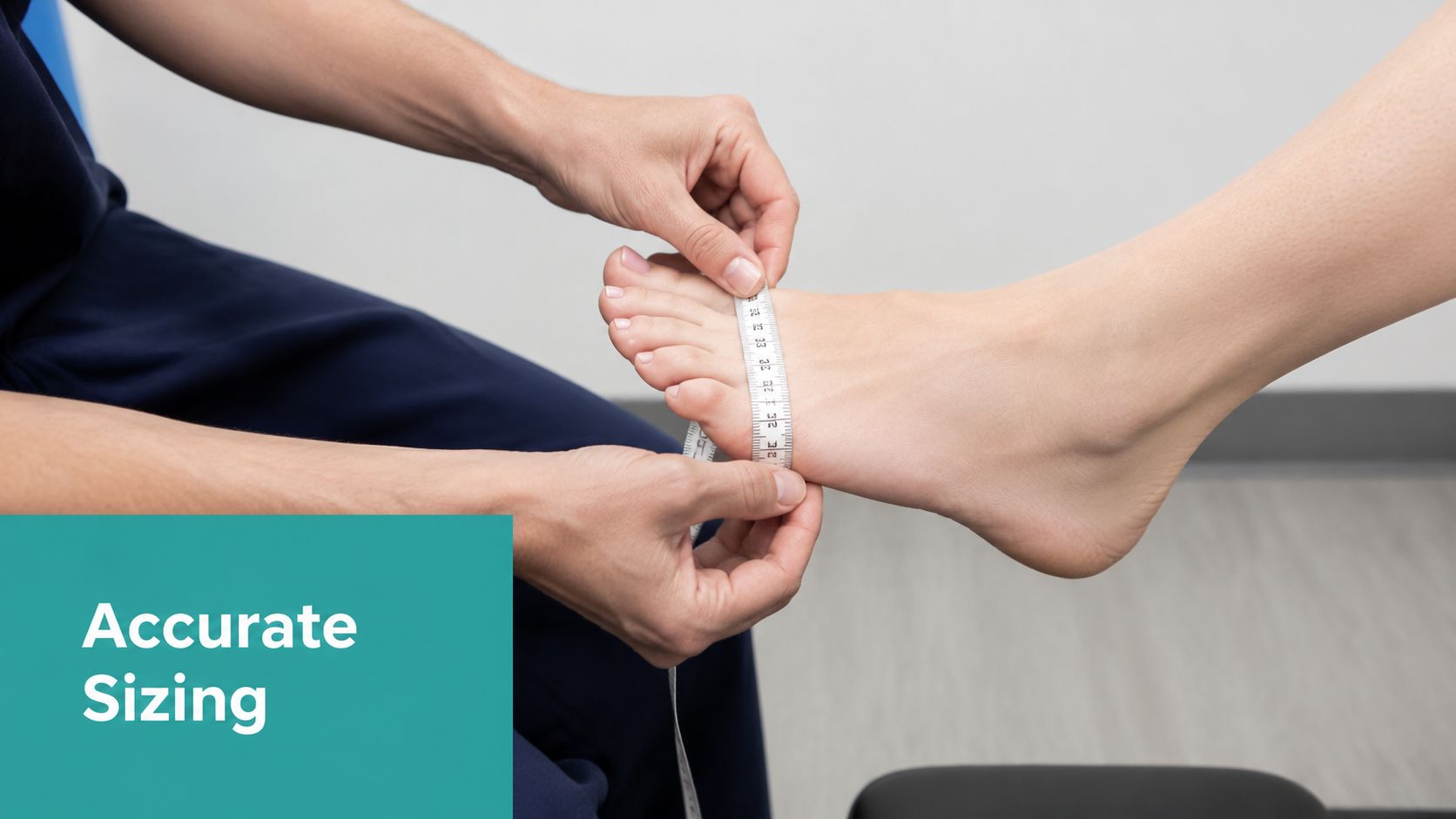 A medical professional measuring the width of a patient's foot with a white tape measure.
