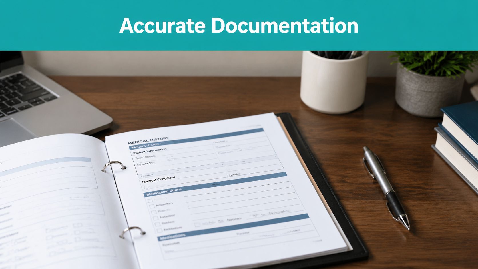 A professional medical history form sits on a wooden desk next to a laptop and a pen.