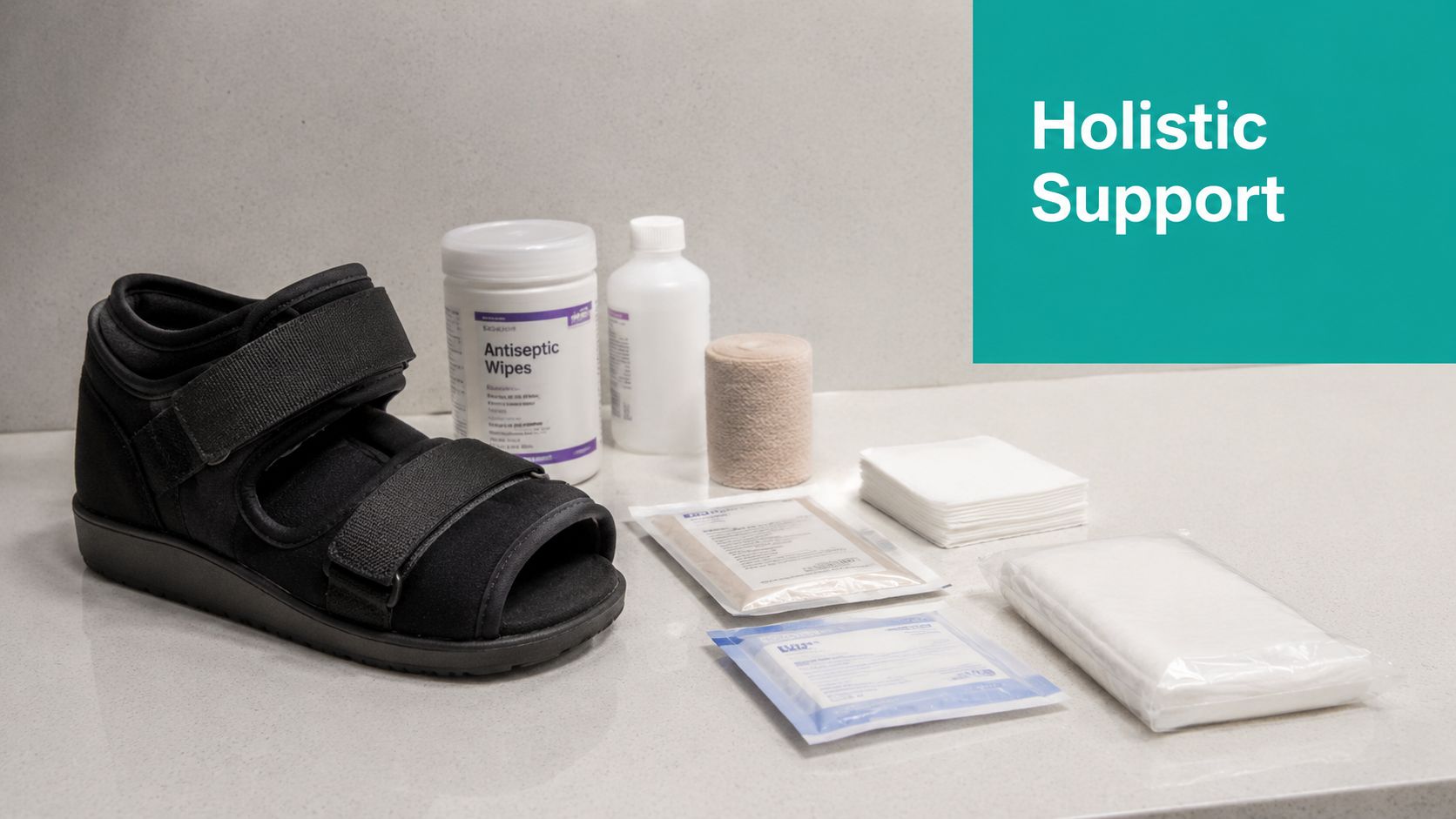 An off loading shoe for foot injury recovery accompanied by medical supplies on a white table.