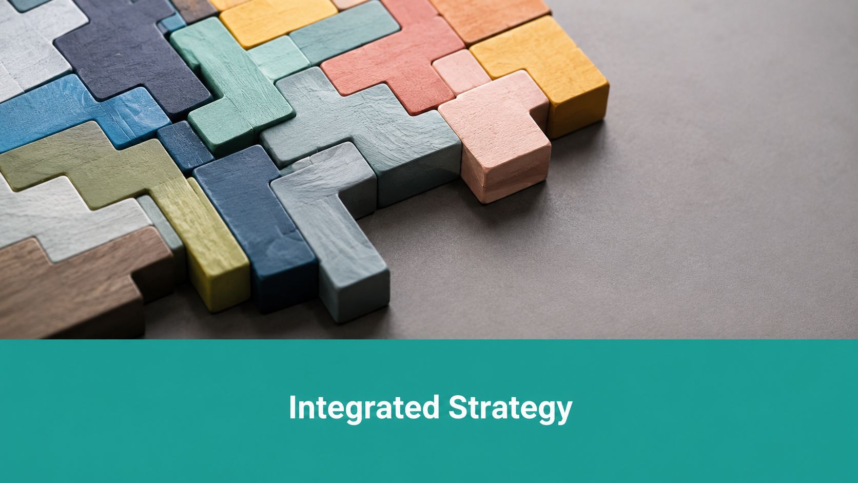 A conceptual image showing colorful wooden puzzle blocks arranged together, representing the idea of integrated strategy.