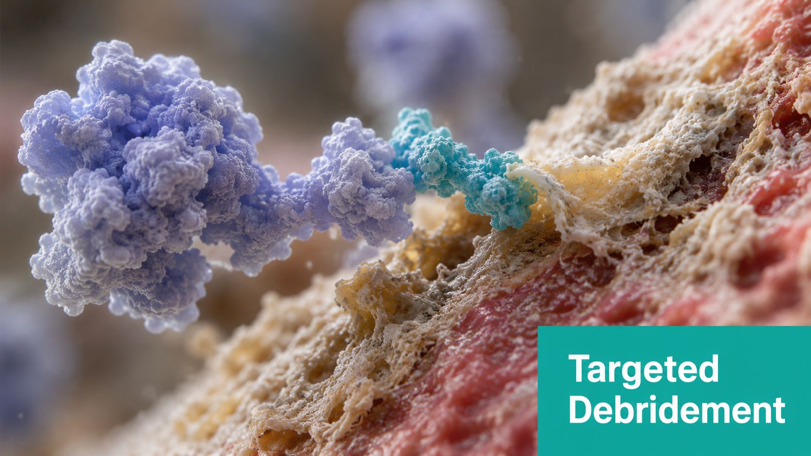 A microscopic digital illustration showing targeted debridement of a wound surface by a medical enzymatic agent.