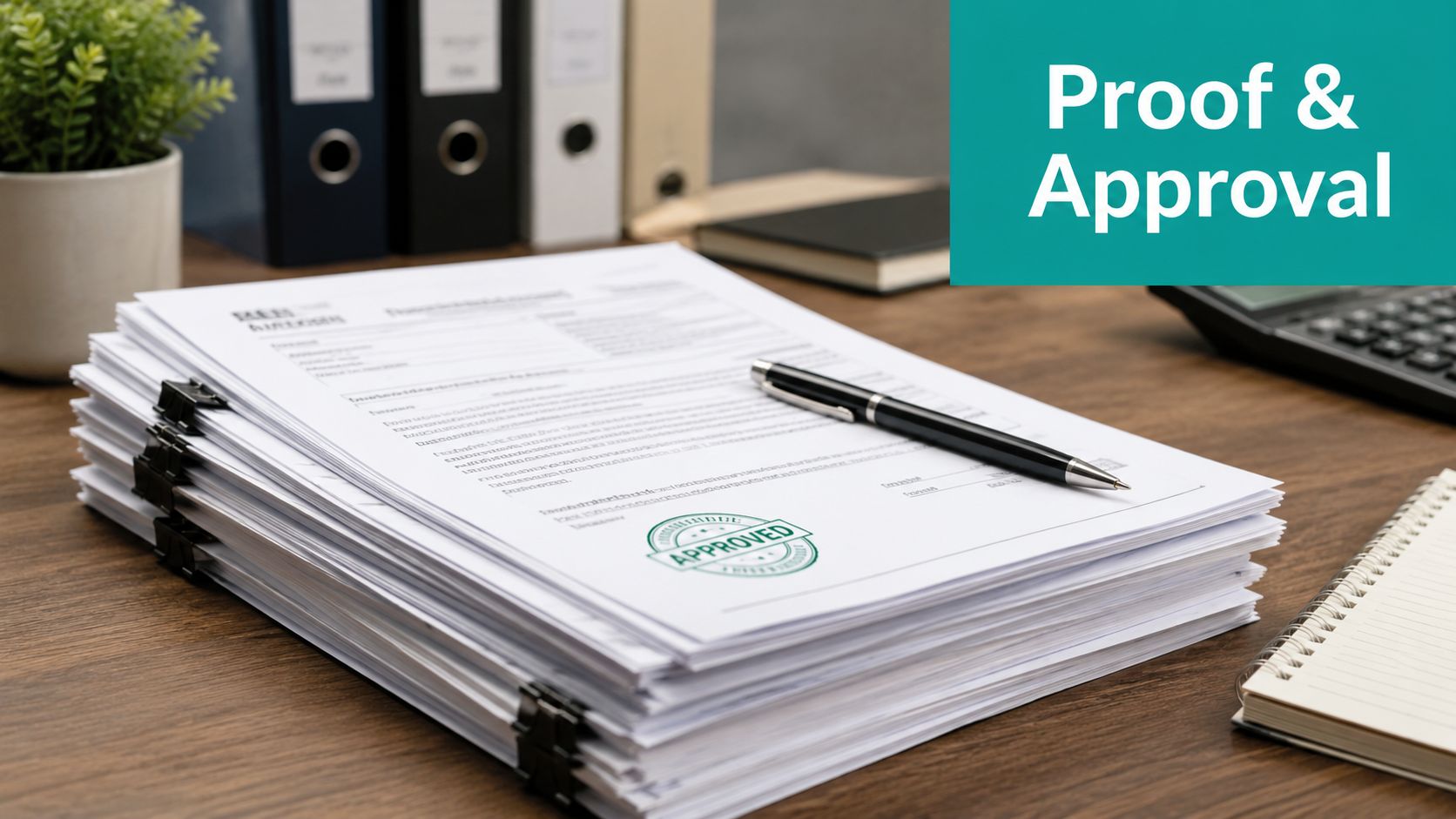 A stack of professional documents with an approved stamp and a pen on a desk.