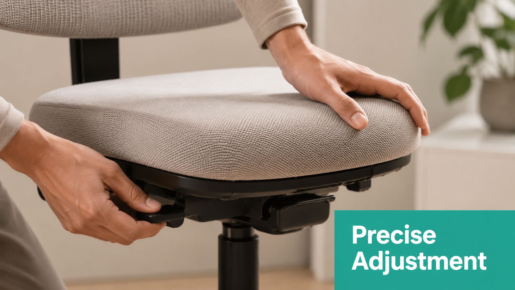 A person adjusting the seat height of an ergonomic office chair with a textured fabric cushion.