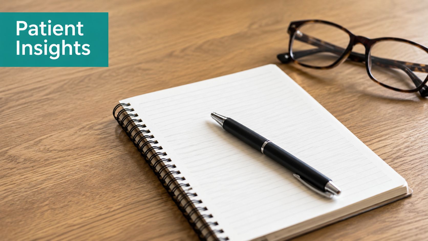 A spiral notebook, a black pen, and eyeglasses resting on a wooden desk with patient insights label.