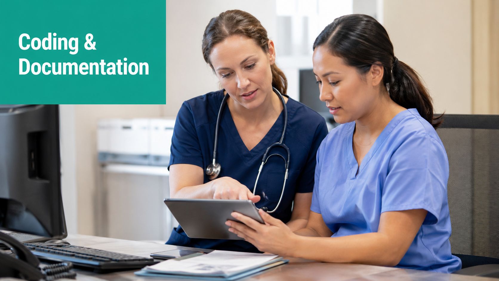 Two healthcare professionals in scrubs review digital patient medical records on a tablet in an office.
