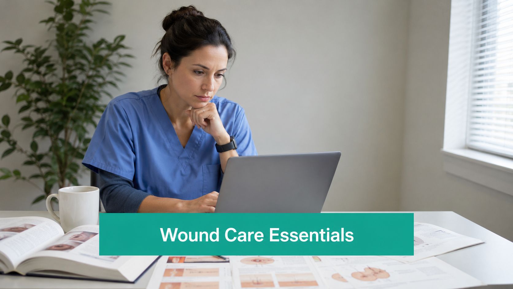 A focused nurse in blue scrubs studies medical wound care literature on a laptop at a desk.