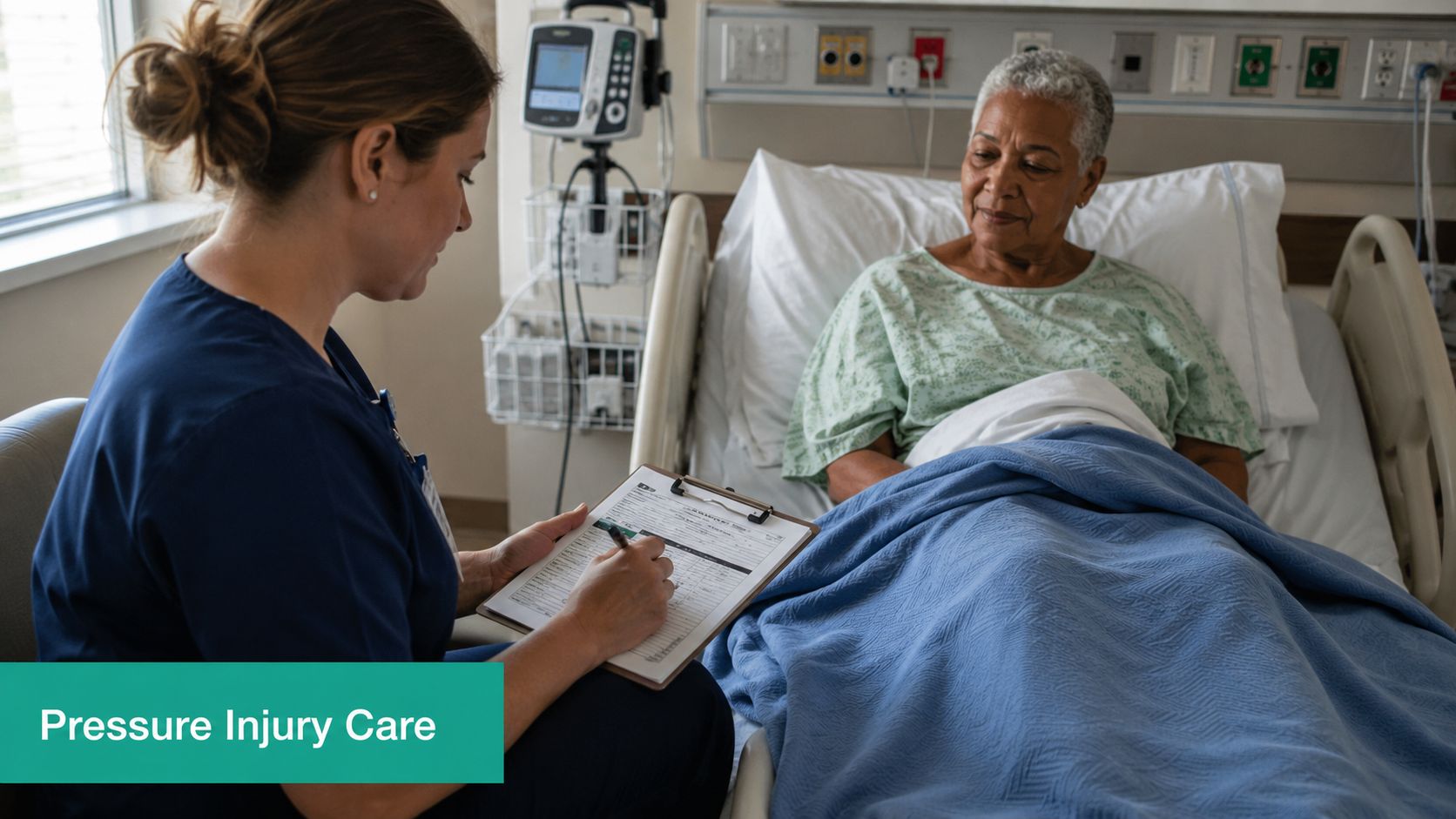 A nurse taking notes on a clipboard while talking to an elderly patient in a hospital bed.