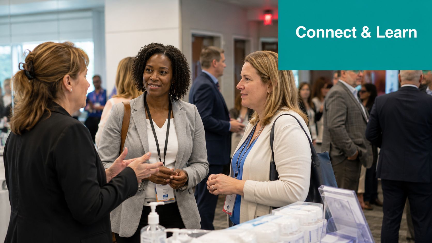 A diverse group of professionals networking and interacting at a conference or educational event.
