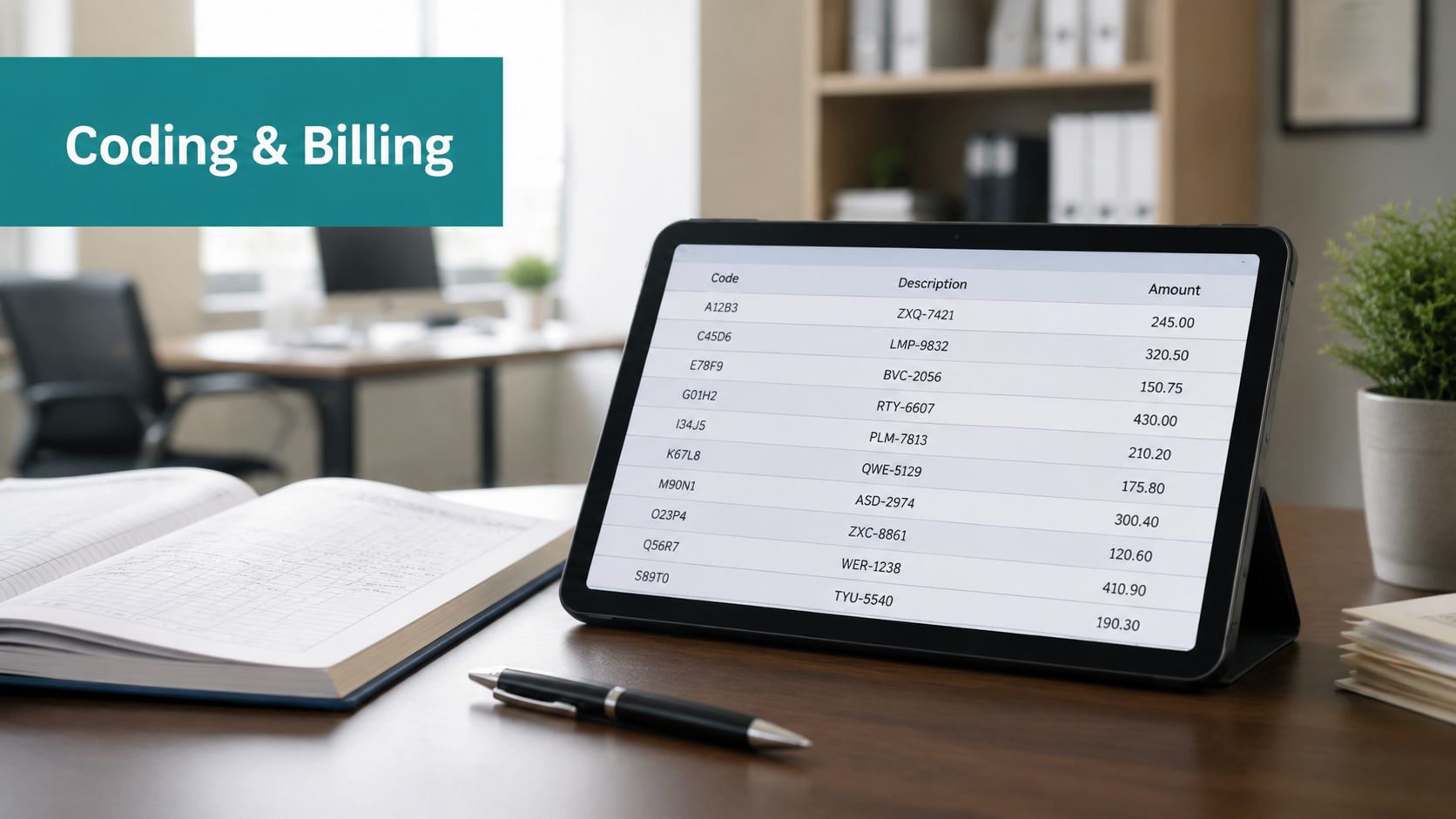 A digital tablet displaying a medical coding and billing table on an office desk.