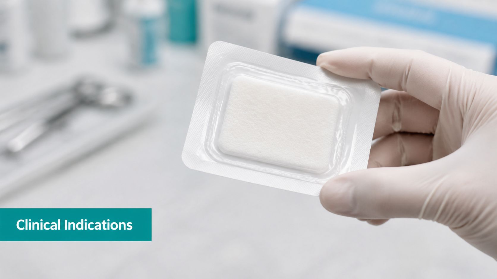A healthcare professional wearing medical gloves holding a sterile wound dressing package in a clinical setting.