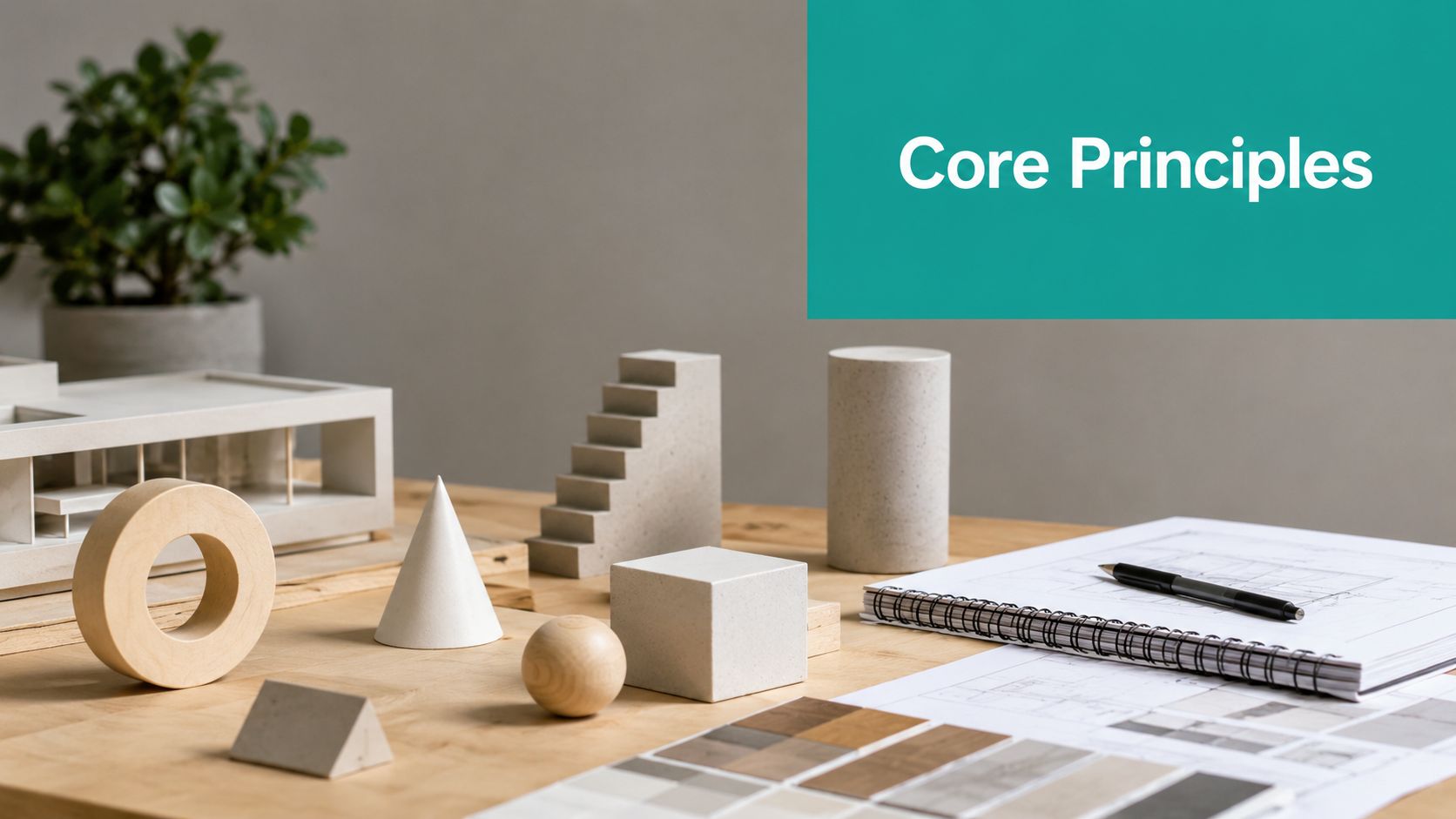 A wooden table displays geometric shapes, an architectural model, and a sketchbook for design concepts.