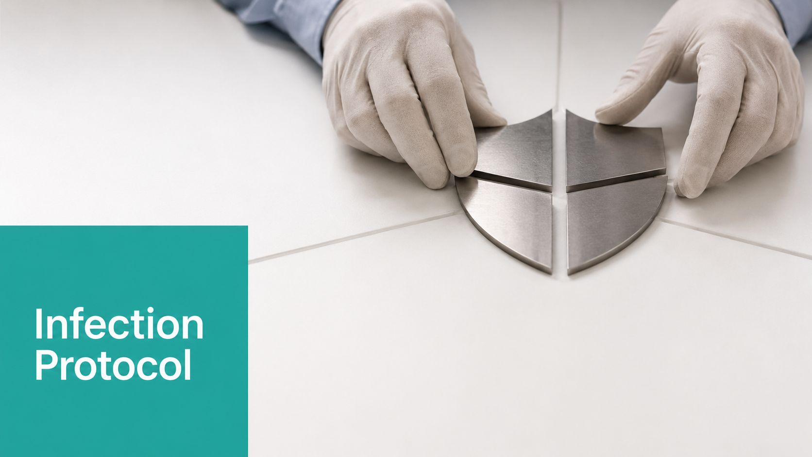 A gloved hand assembles a metallic shield icon, representing health safety protocols or infection control measures.