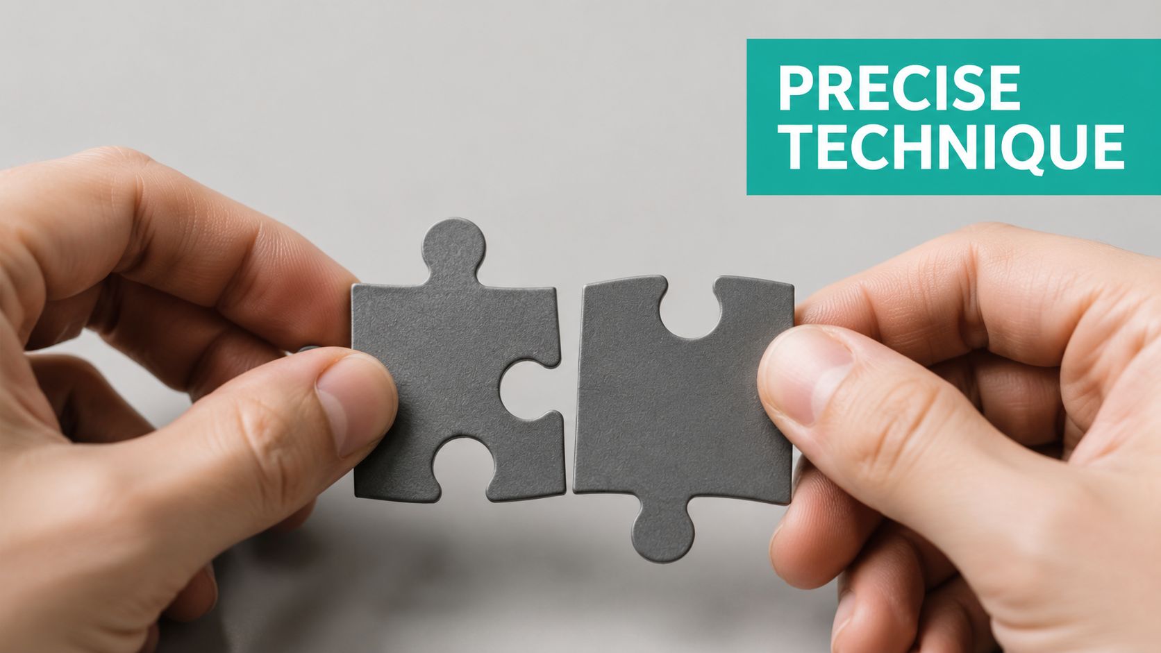A pair of hands carefully bringing two blank gray puzzle pieces together on a light background.