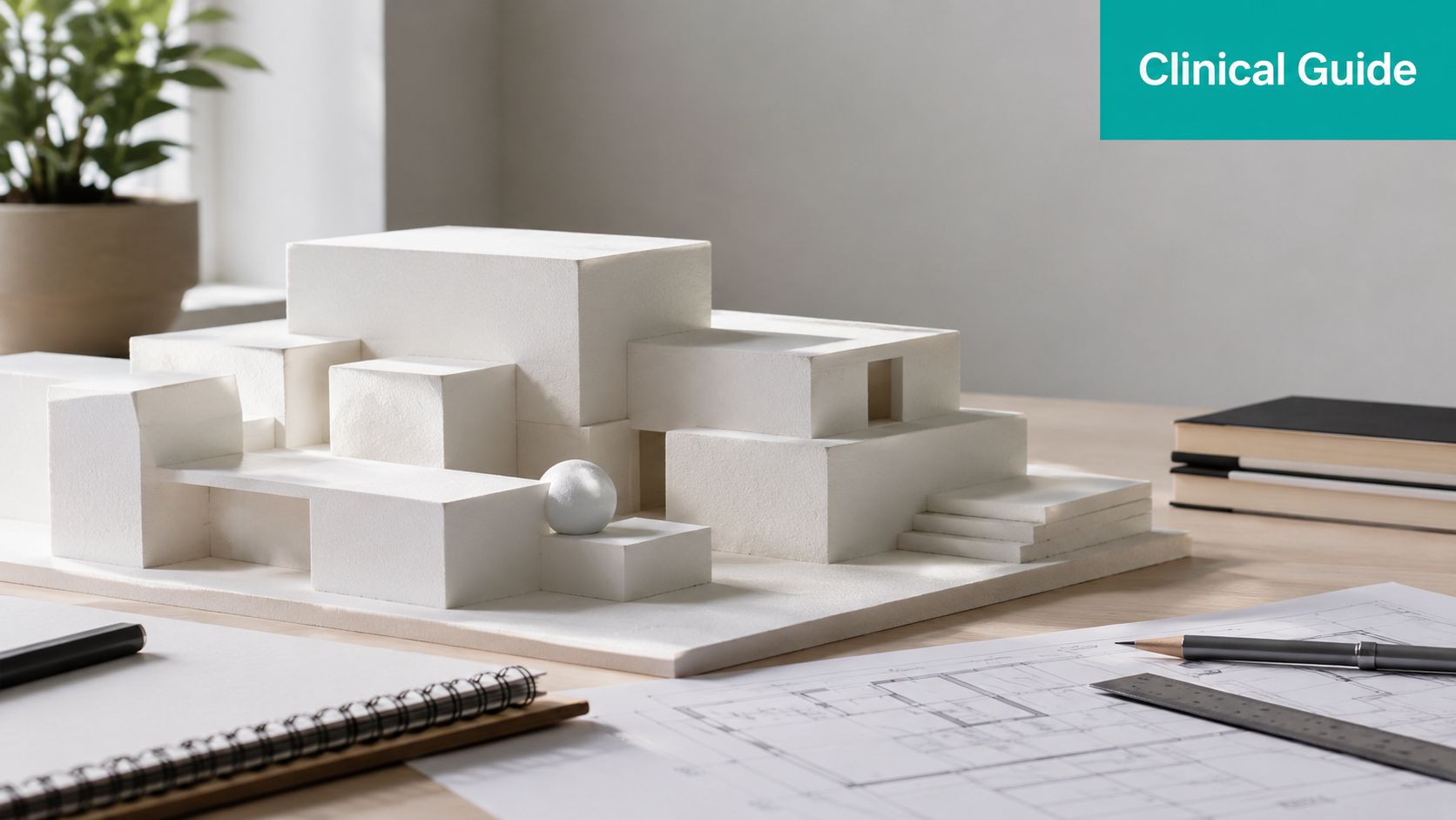 An architectural scale model made of white foam blocks sits on a drafting table near blueprints.