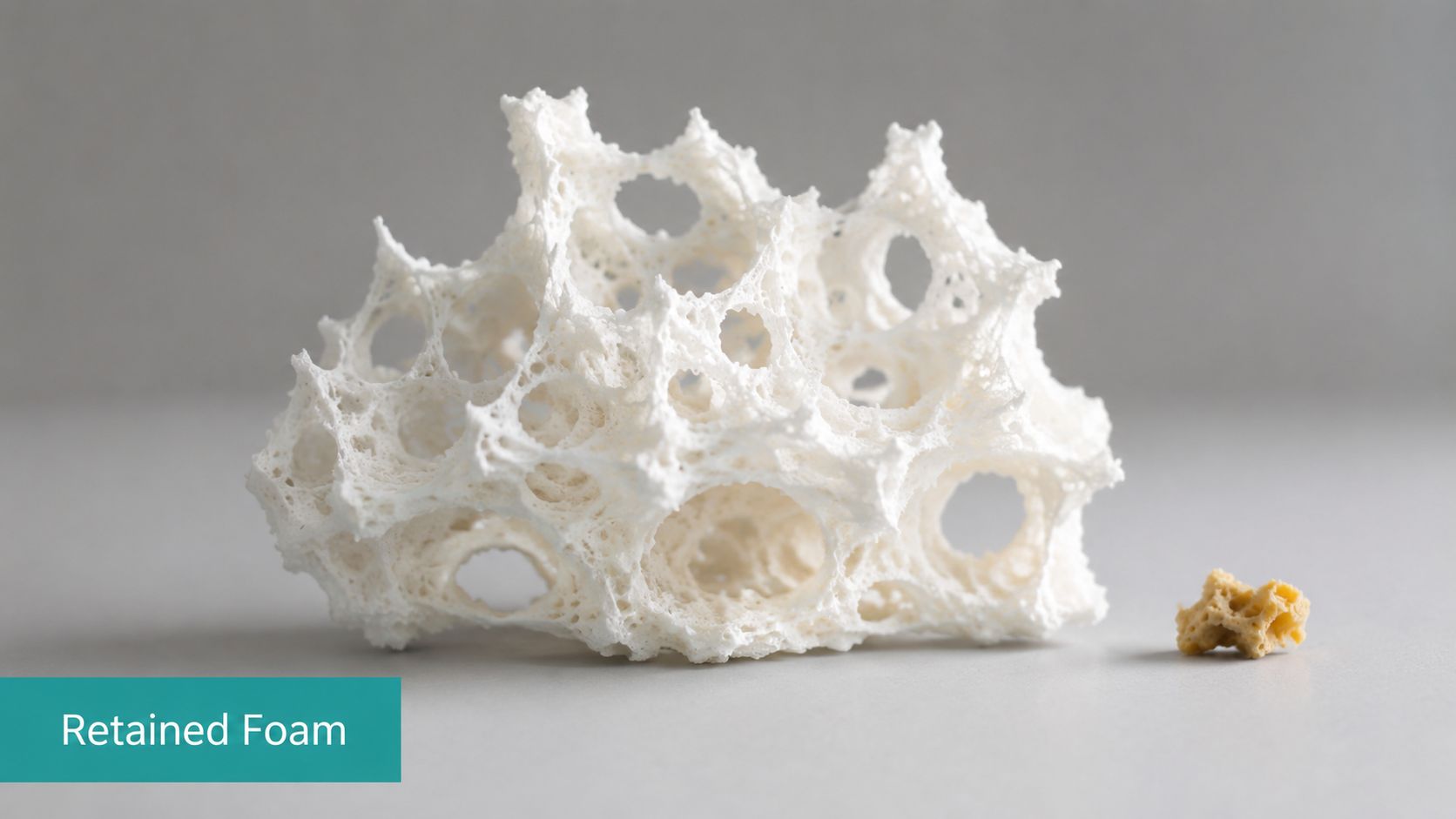 A large piece of white medical foam beside a tiny fragment of yellow wound vac foam.
