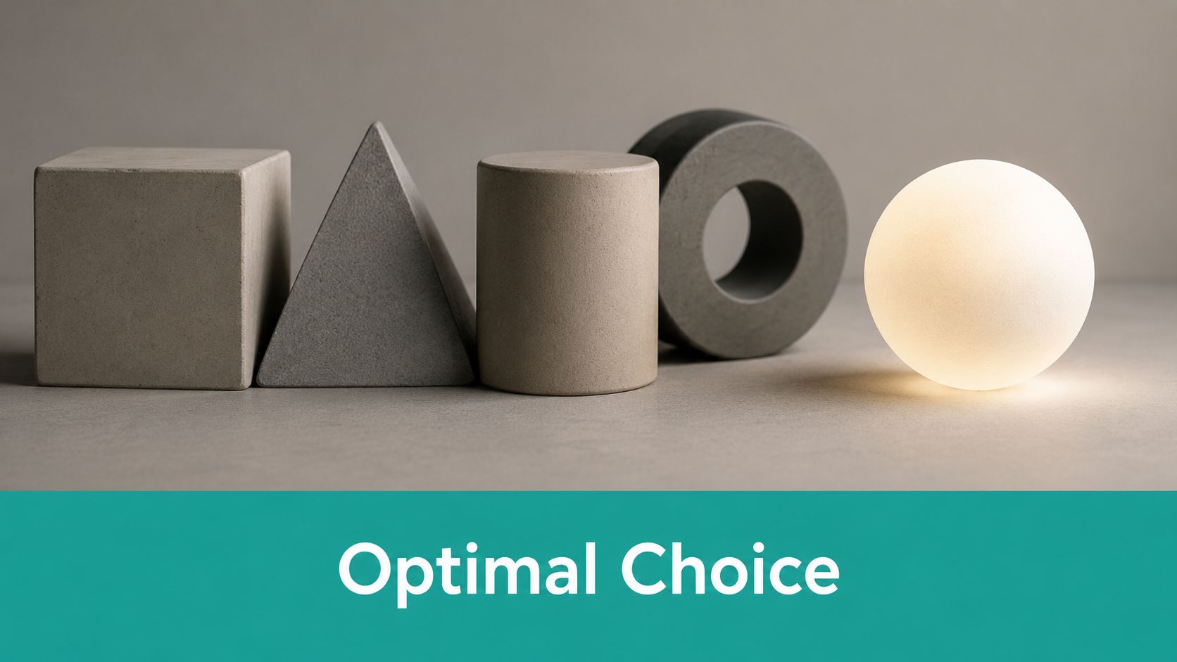 A row of various geometric shapes on a surface, including a glowing sphere as an optimal choice.