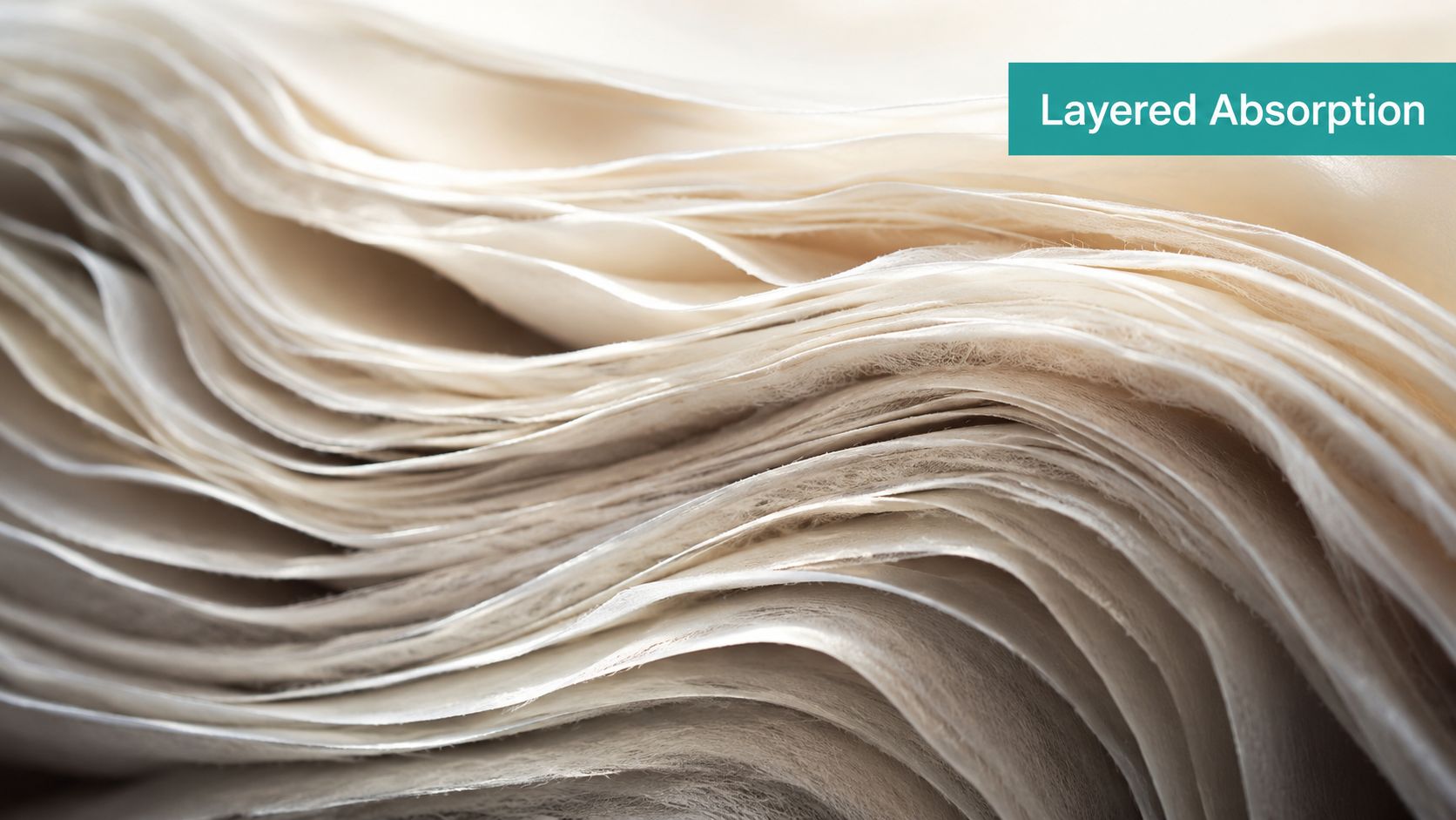 A close-up view of multiple layers of soft white absorbent wound dressing material stacked together.