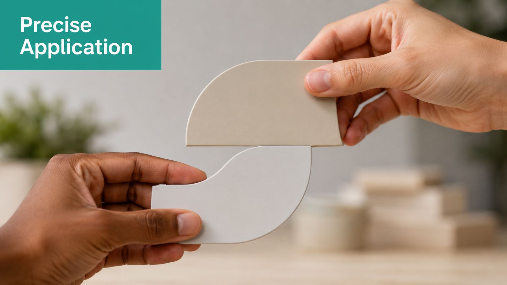 Two hands holding different shaped pieces of a puzzle representing precise application of a medical dressing.