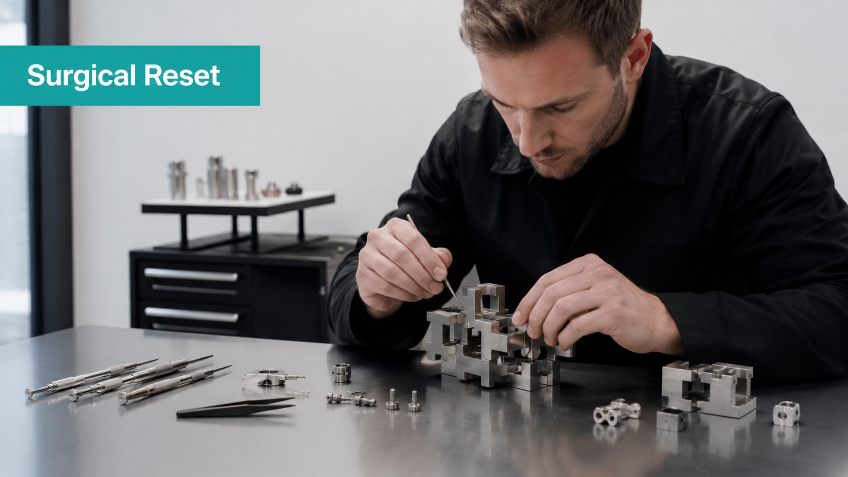 A skilled technician carefully assembles a complex metal mechanical puzzle on a workbench using specialized precision tools.