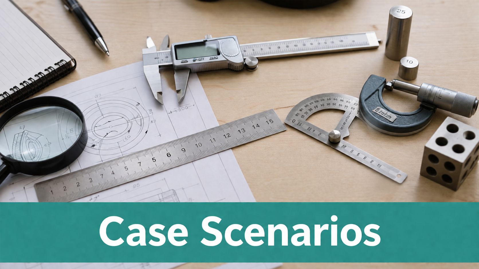 A top-down view of engineering tools on a drafting table including calipers, a protractor, and blueprints.