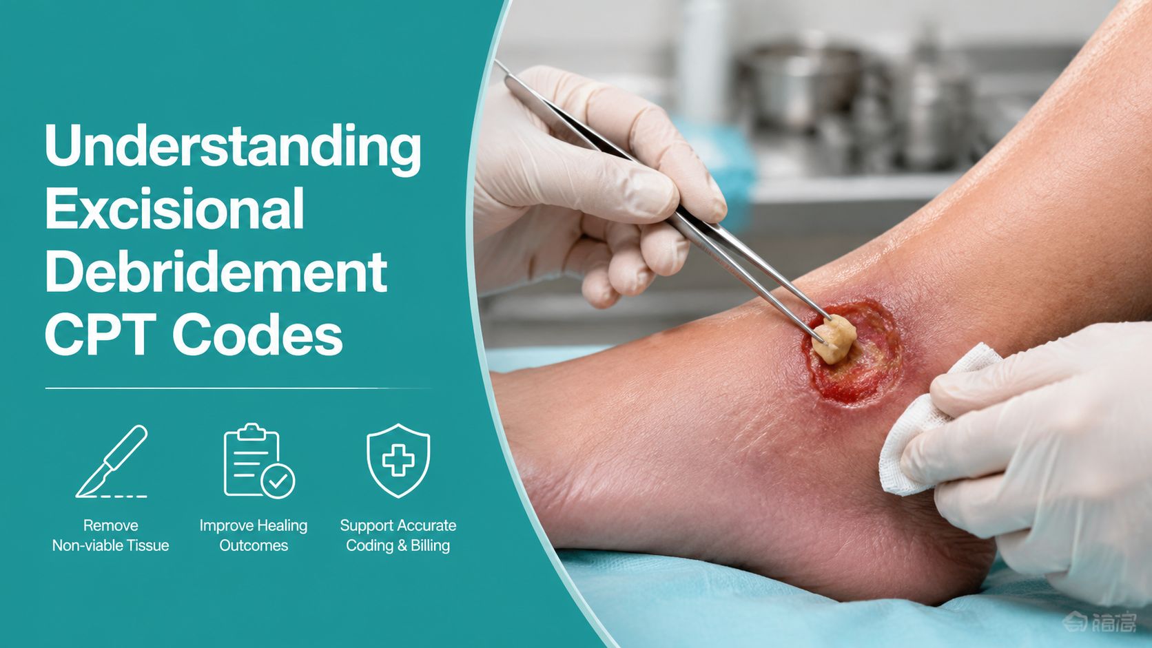 A medical professional performing excisional debridement on a patient's leg wound with sterile tools and gauze.