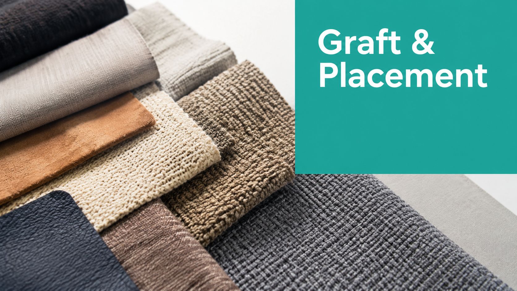 A diverse collection of textured fabric swatches arranged in layers, representing various interior design and upholstery materials.