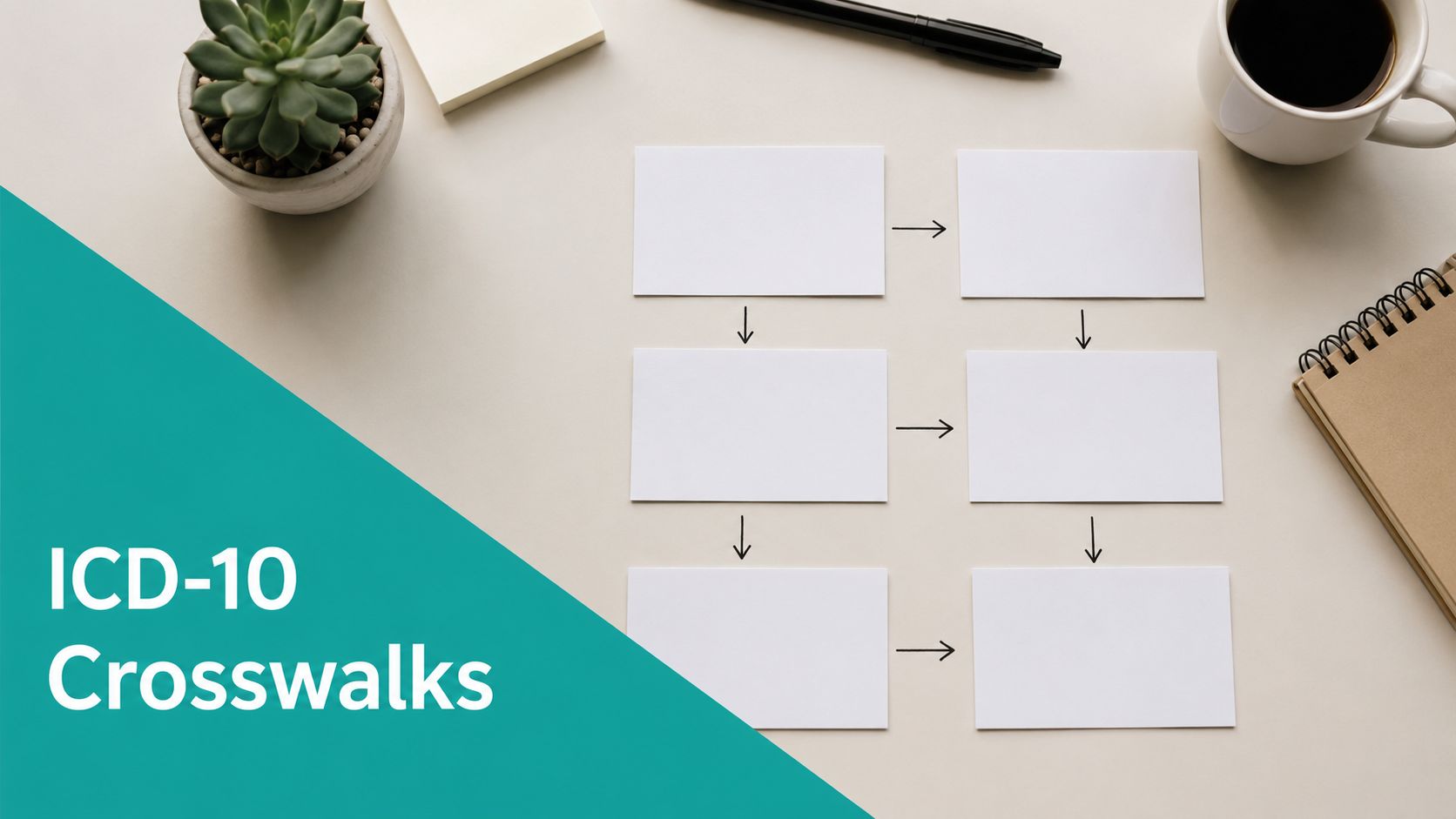 Blank flowchart diagram with six rectangles arranged on a desk with a succulent and coffee.