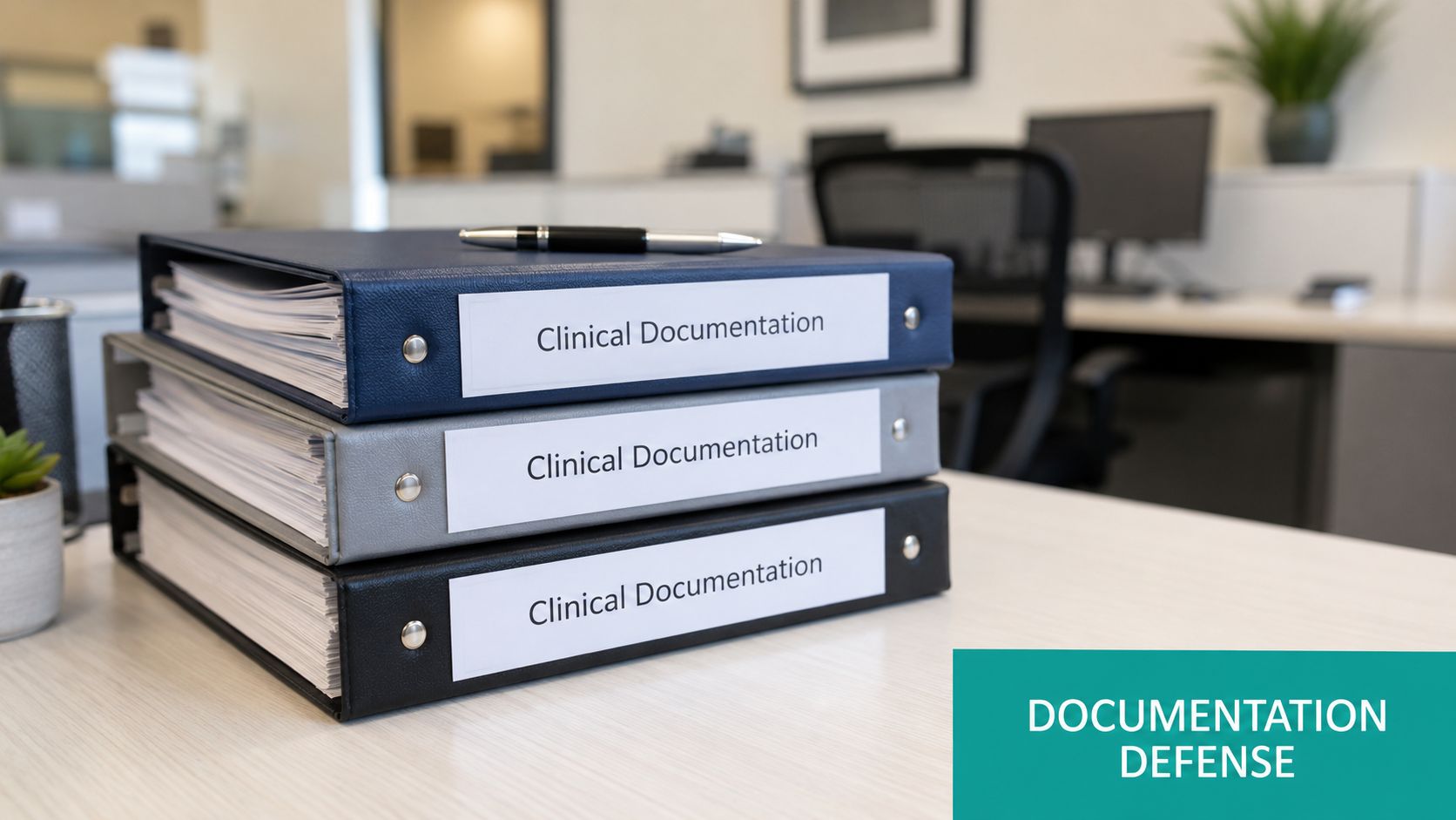 A stack of three binders labeled Clinical Documentation on an office desk next to a pen.