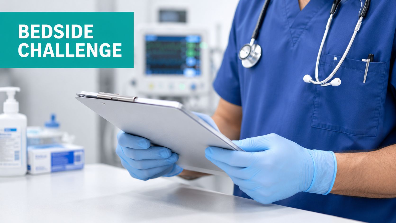 A healthcare professional in blue scrubs holding a clipboard in a medical setting with a monitor nearby.