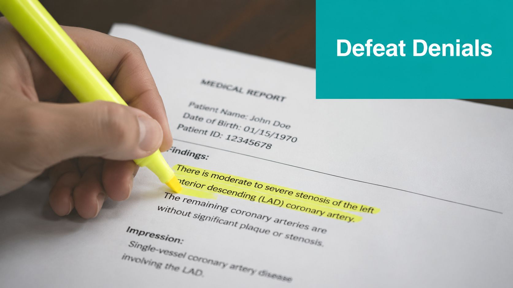 A hand highlights medical report details about moderate to severe stenosis of the left anterior descending artery.