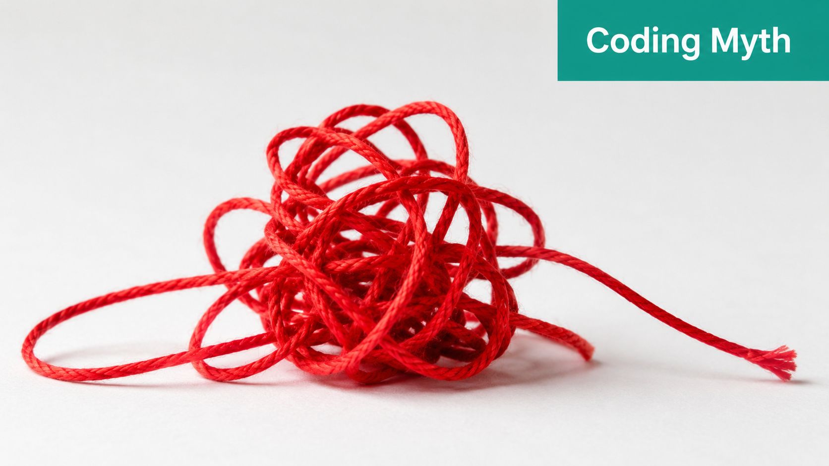 A tangled red string on a white background symbolizing complex or messy software code structures.