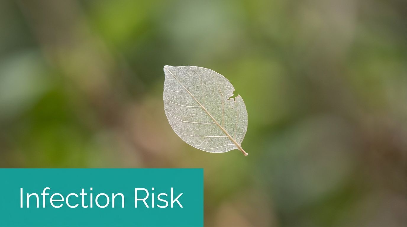 A delicate, skeletonized translucent leaf floating against a soft-focus green background with the text Infection Risk.