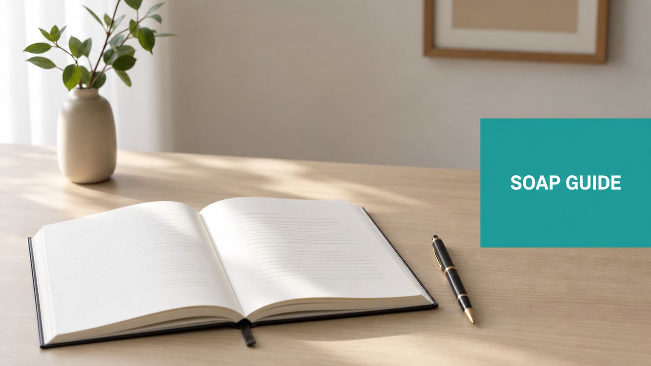 An open notebook with a black pen and a vase on a light wooden desk