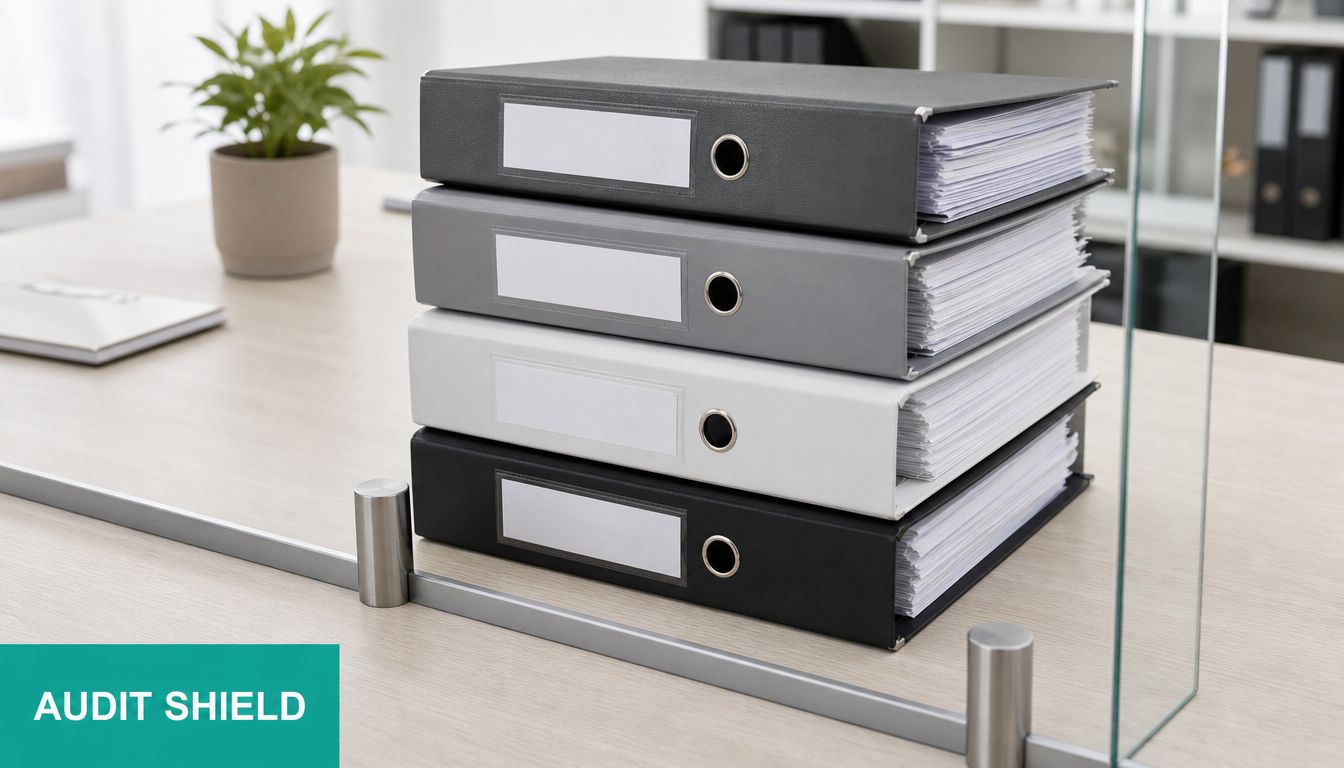 A stack of four professional office binders on a wooden desk next to a small potted plant.
