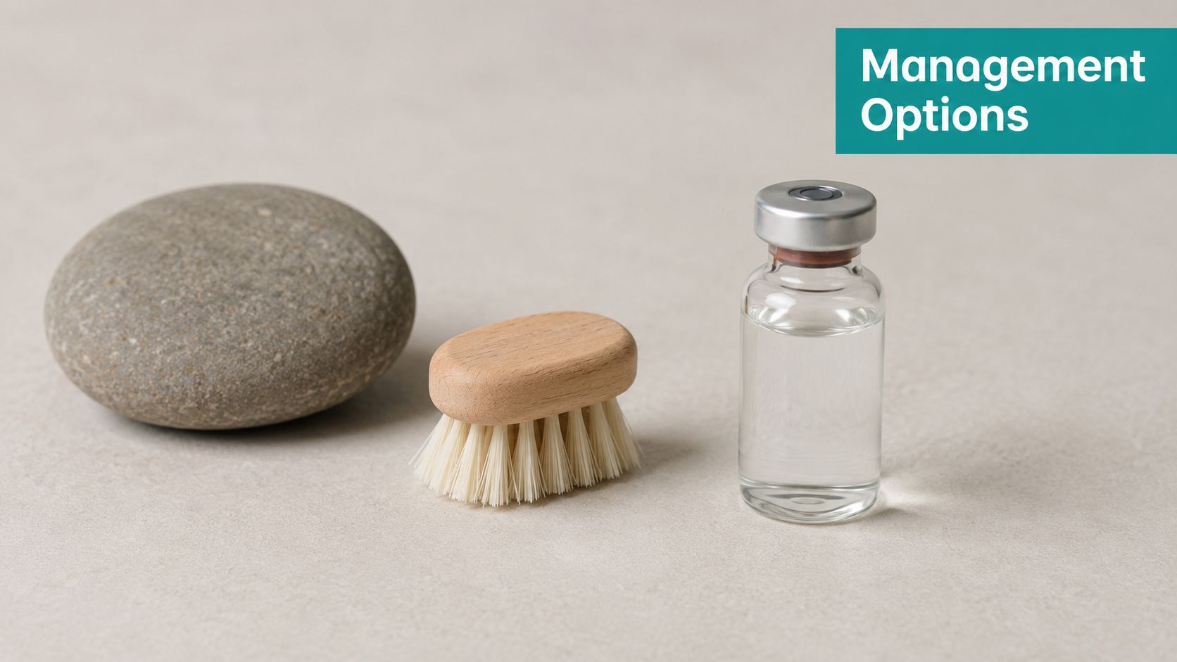 A gray stone, a wooden bath brush, and a clear medical vial on a neutral surface.