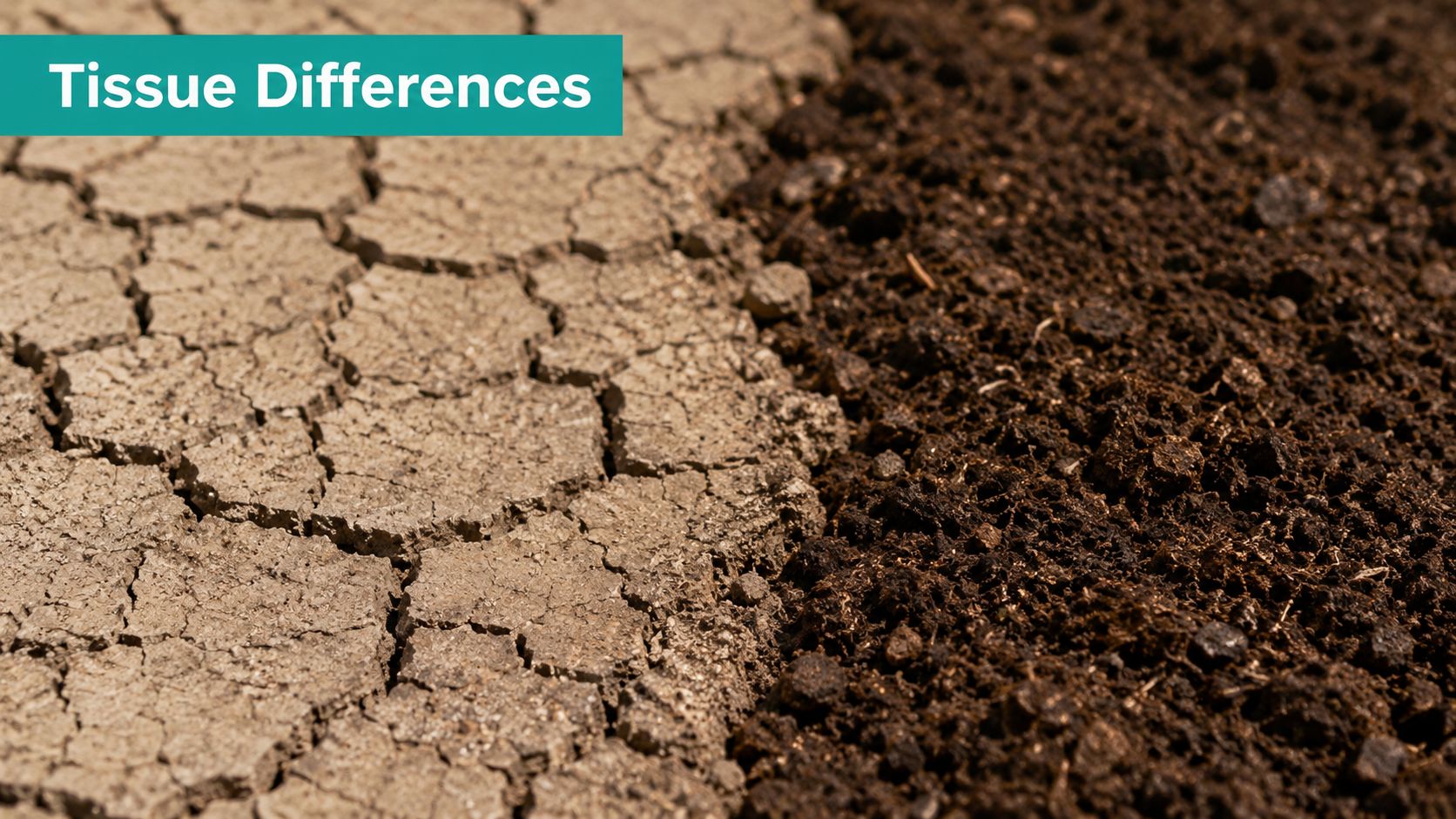 A split screen comparing cracked, dry parched earth on the left with rich dark soil on the right.