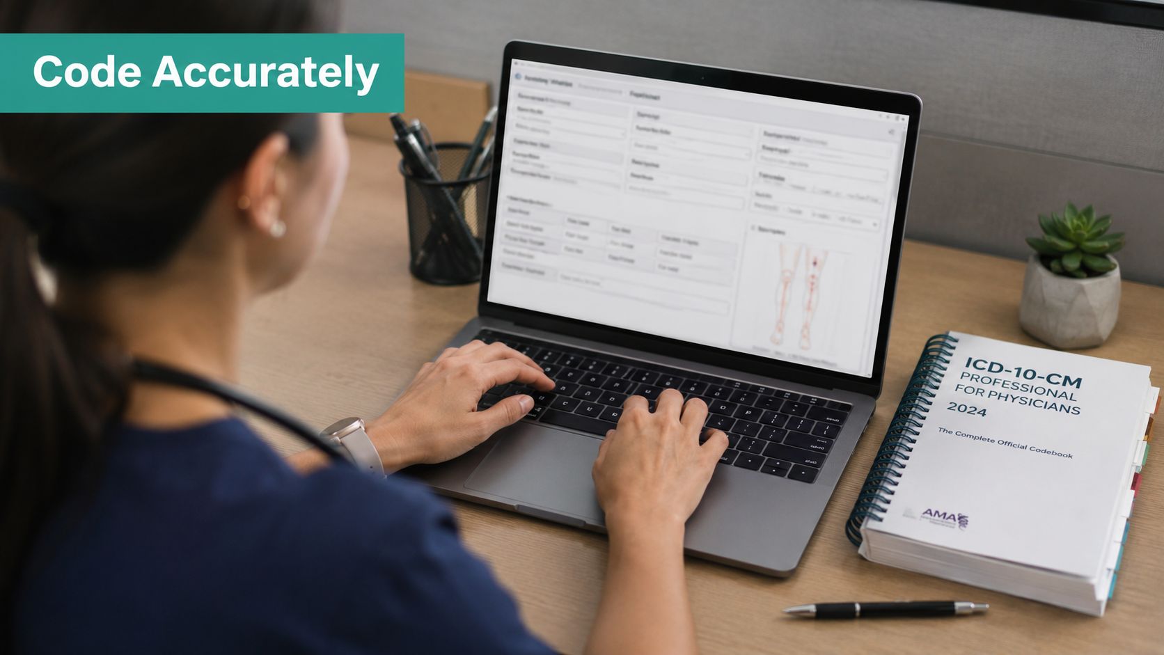 A healthcare professional using a laptop to review medical coding documentation in an office setting.