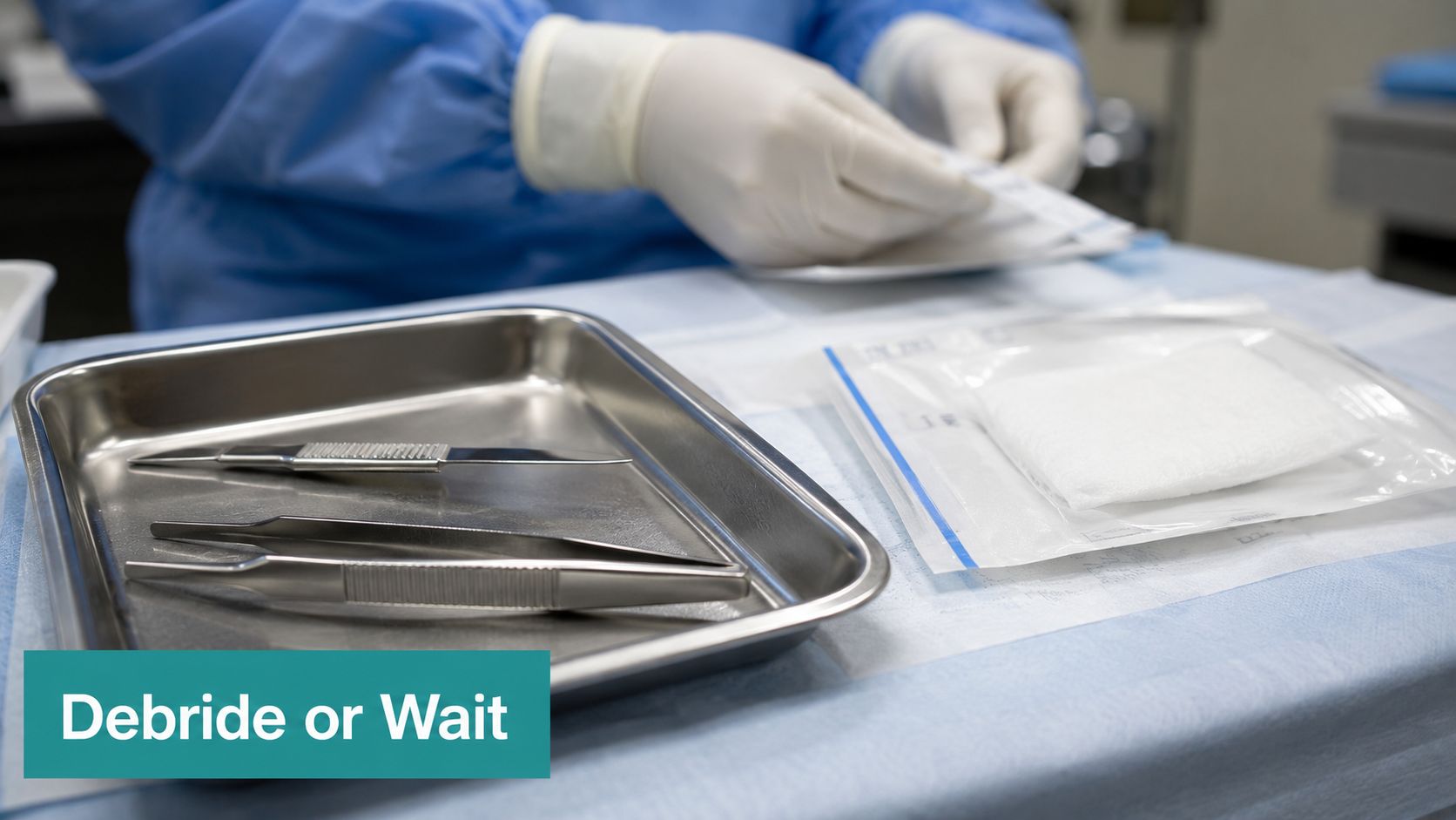 A medical professional in gloves preparing surgical instruments for a procedure on a sterile blue cloth.