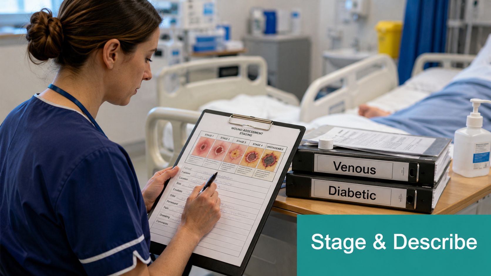A nurse reviews a wound assessment staging chart while working at a clinical patient station in a hospital.