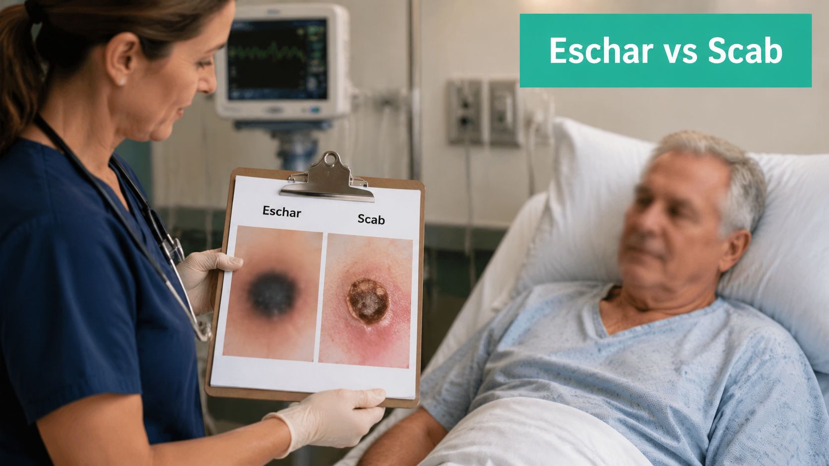 A healthcare professional showing a clipboard with comparative images of an eschar and a scab to a patient.