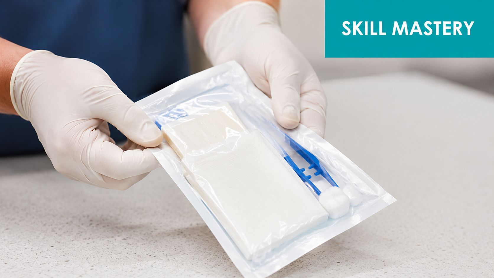 A medical professional wearing sterile gloves holding a sealed, pre-packaged sterile wound dressing kit for patient care.