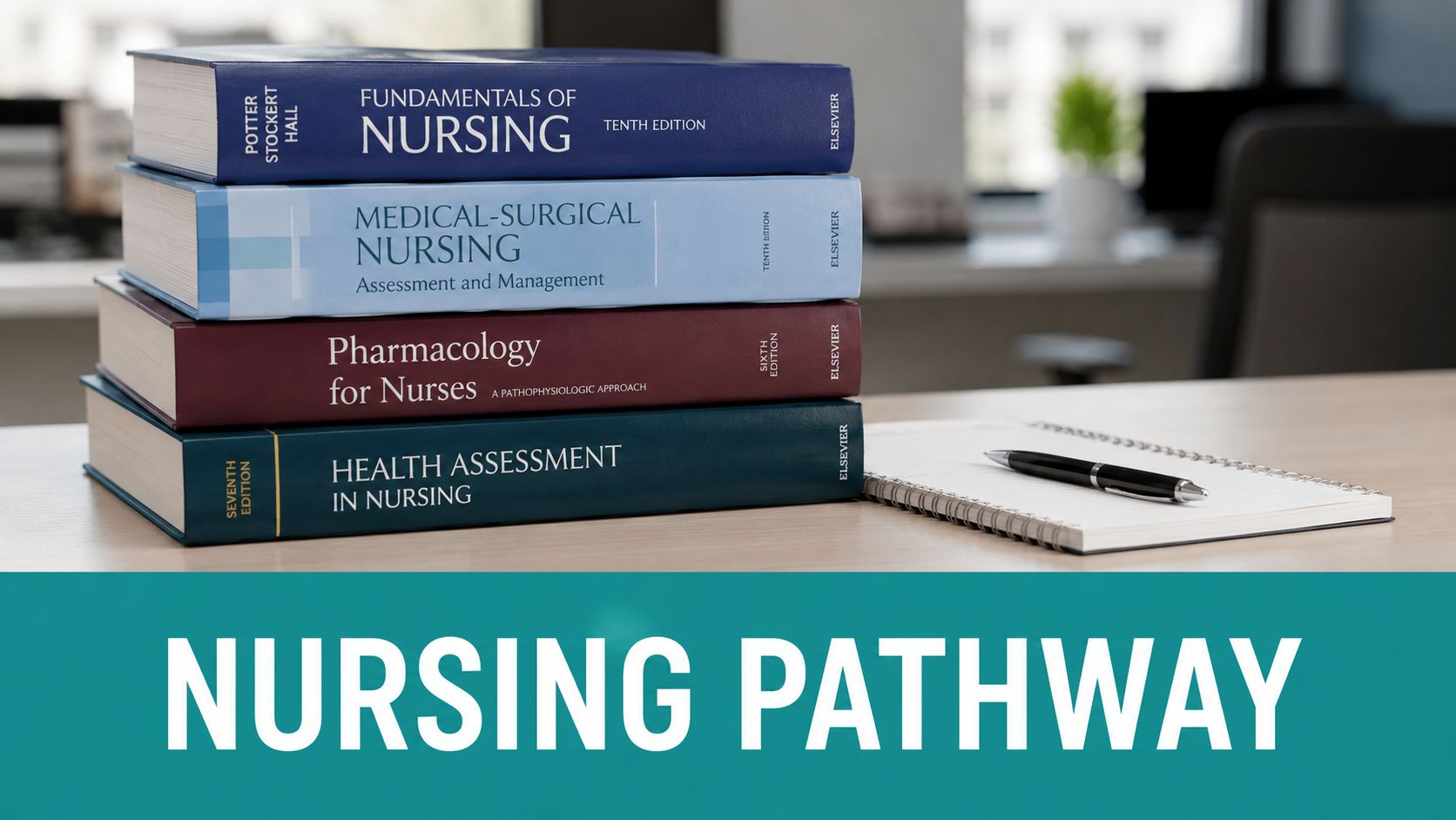 A stack of four nursing textbooks on a desk with a notebook and pen, representing nursing education.