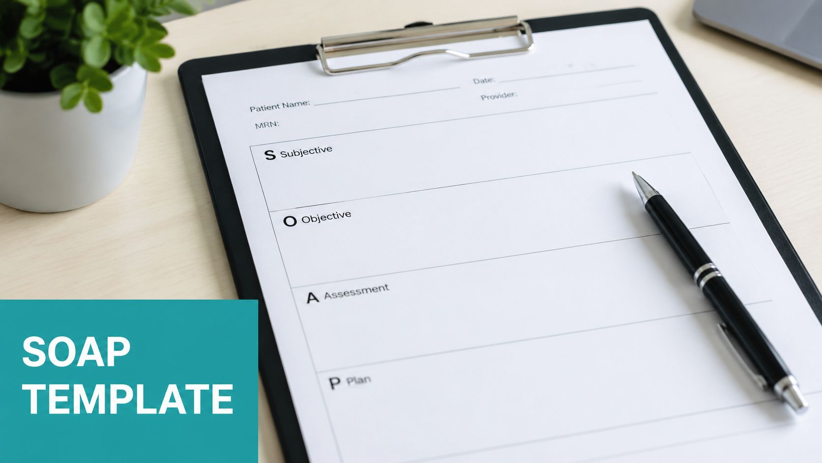 A blank medical SOAP note template on a clipboard with a black pen on a wooden desk.