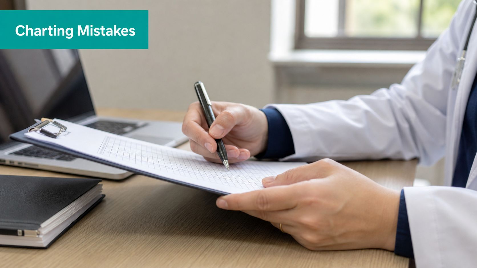 A medical professional in a white coat writes on a medical chart at a desk.