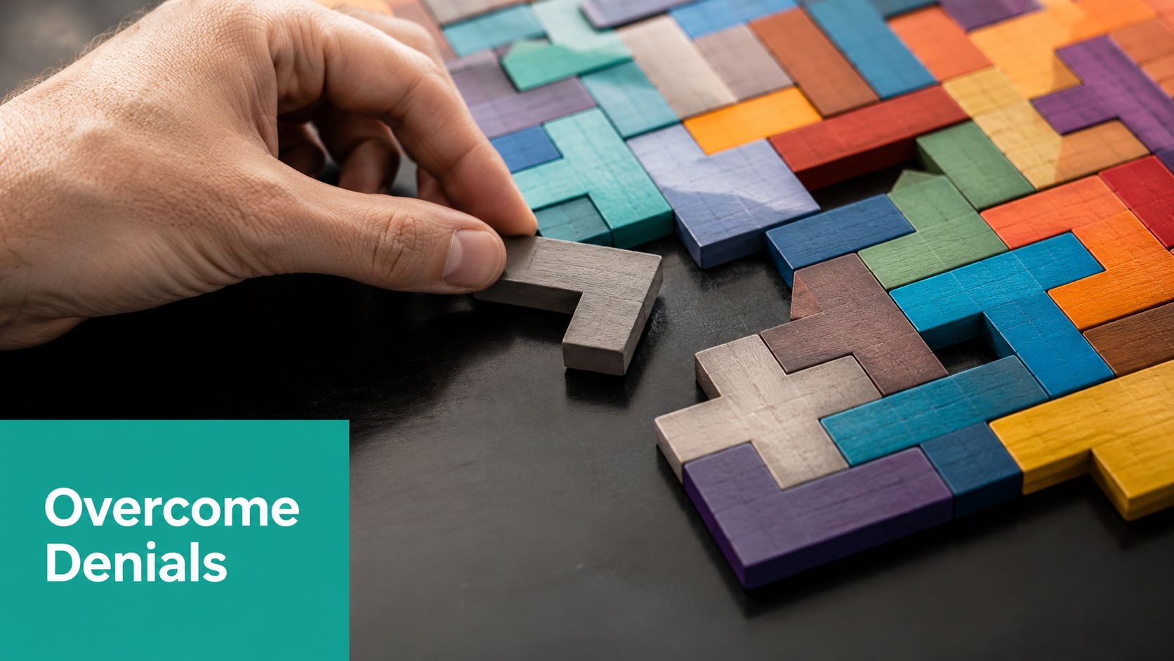 A hand placing a wooden puzzle piece into a complex grid to illustrate overcoming claim denials.