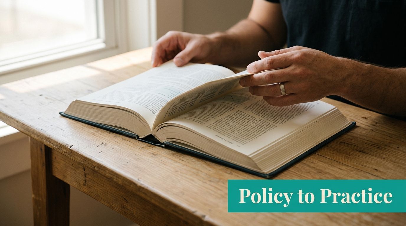 A person sitting at a wooden desk reading an open book, with the text Policy to Practice overlaid.