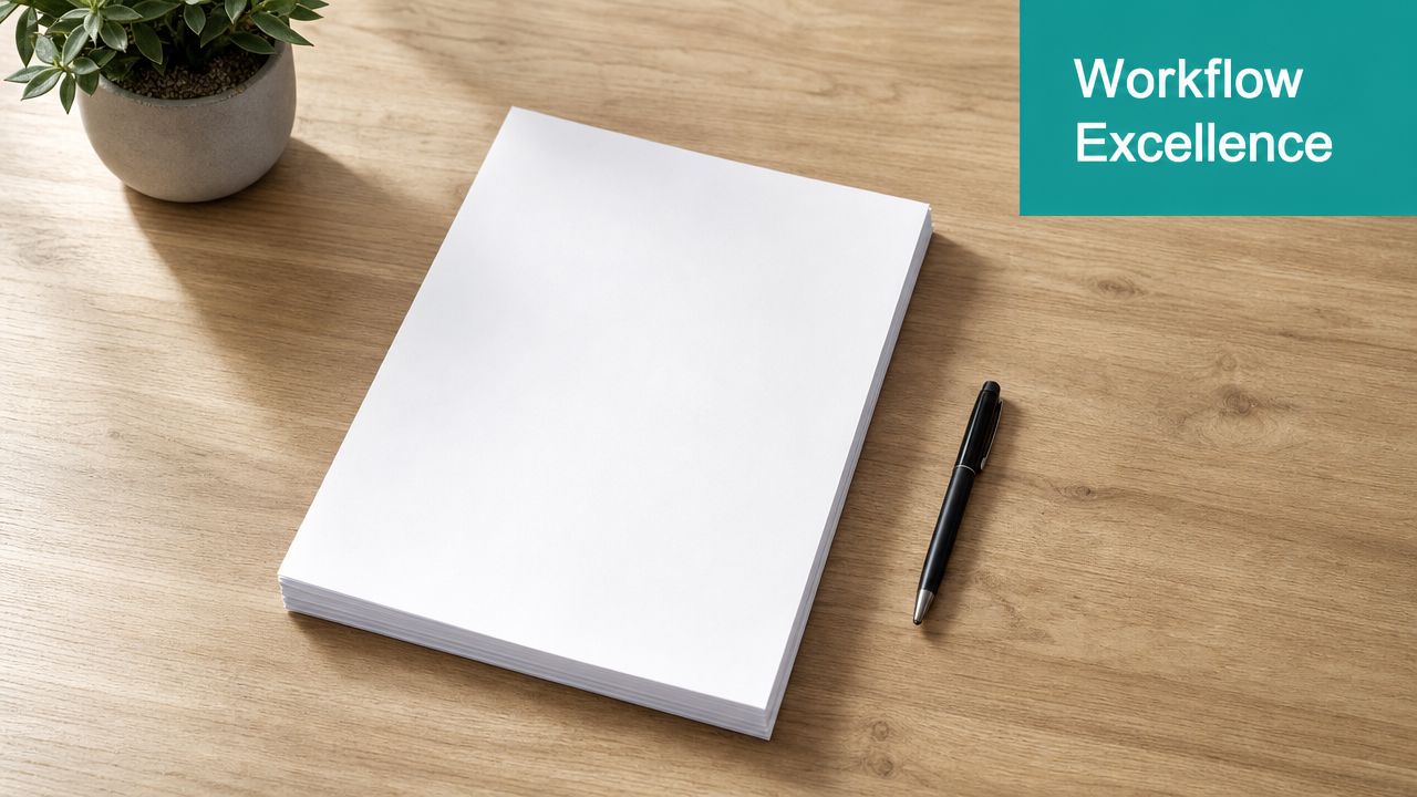 A stack of blank white paper and a pen on a light wood grain desk surface.