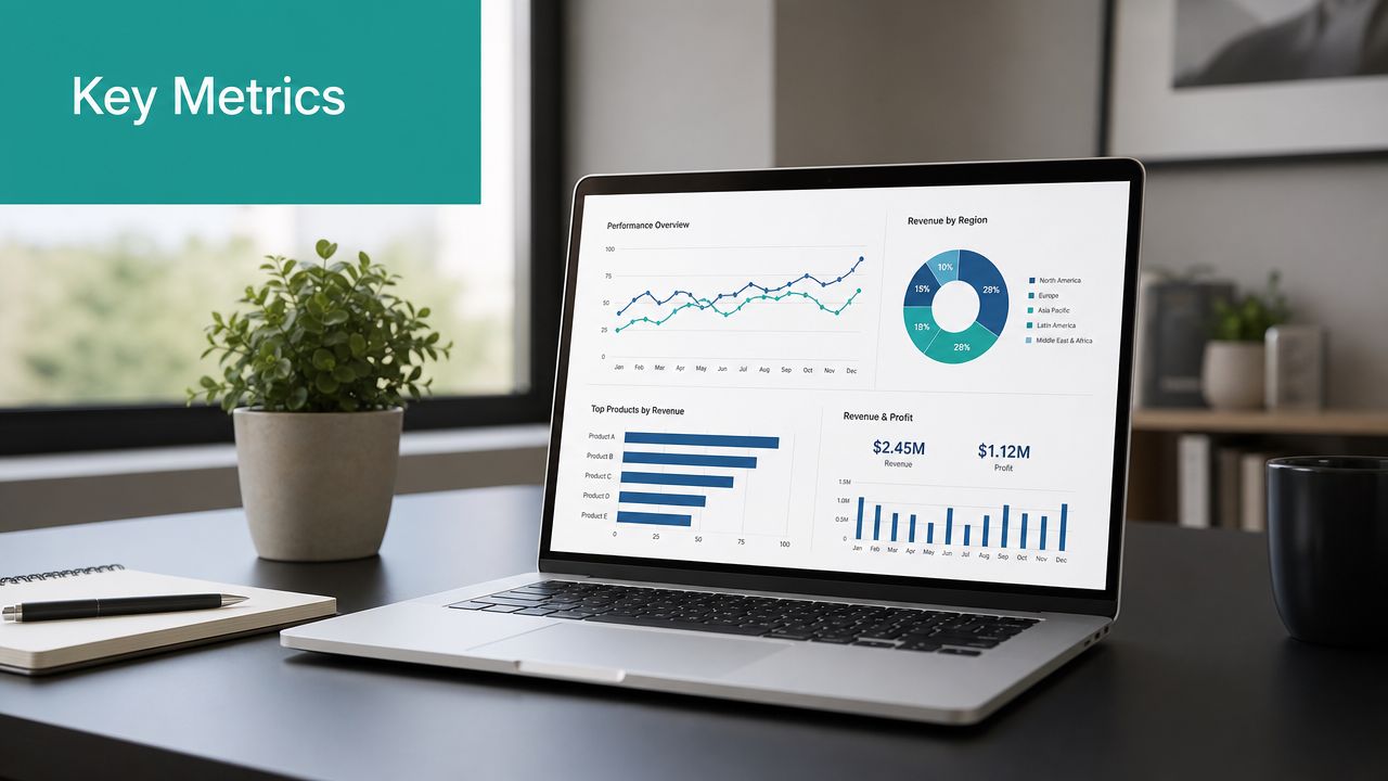 A laptop on a desk displaying business dashboards and analytics with revenue and performance charts.