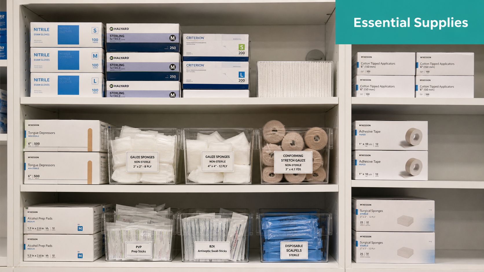 Organized white shelves in a clinic stocked with various medical supplies including gauze, gloves, and prep pads.
