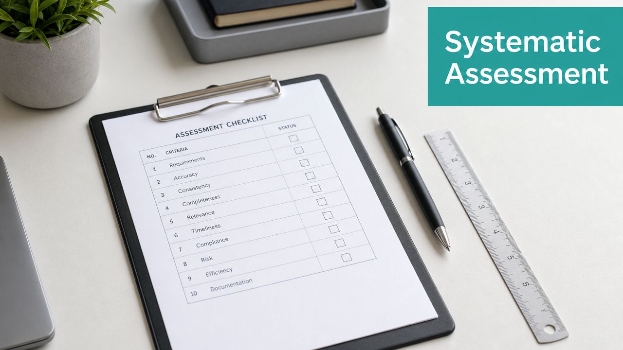 A clipboard with an assessment checklist on a desk next to a pen and a metal ruler.